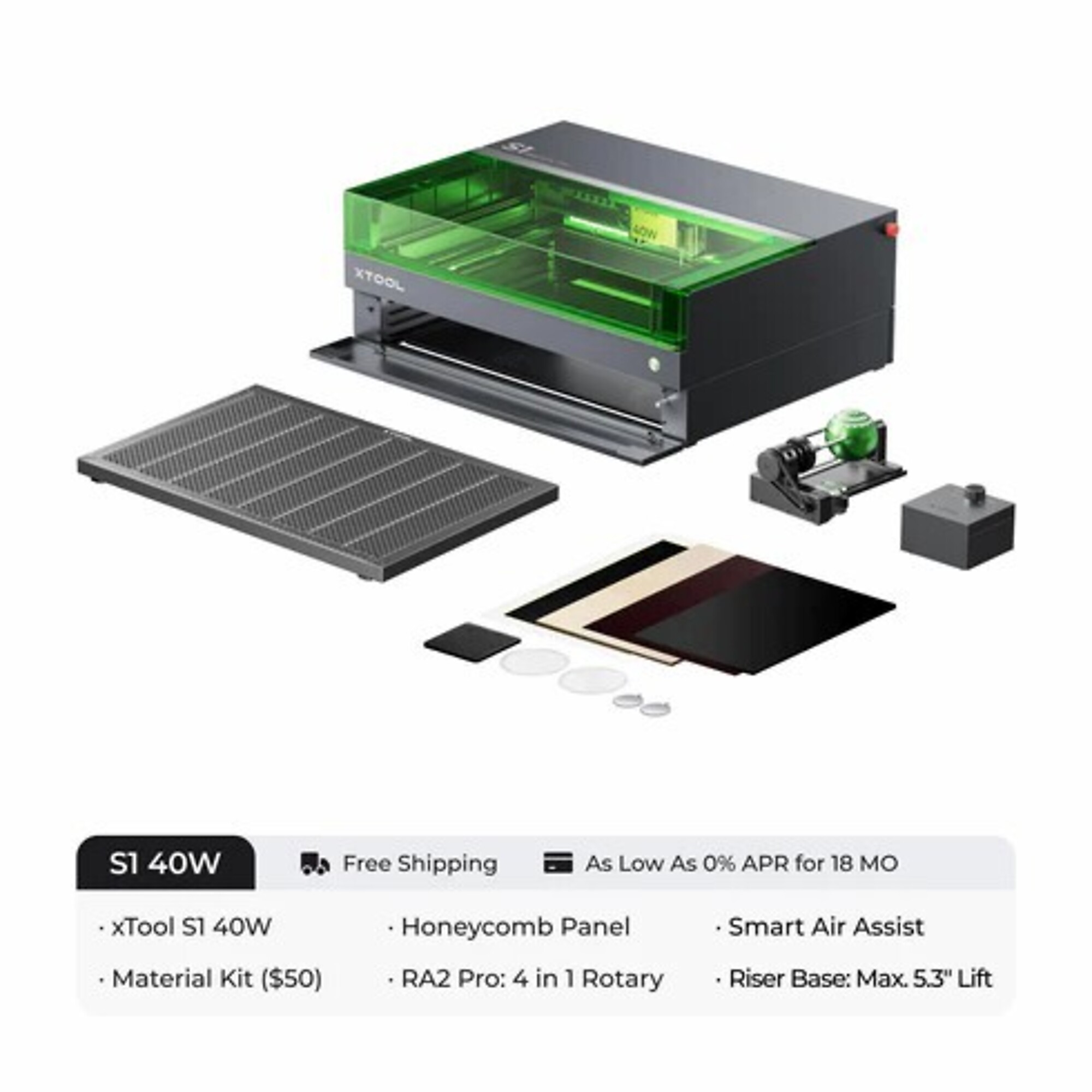 xTool, Laser Cutter and Engraver, 40w, 600mm/s, Working Width 25.98 in, Working Length 33.86 in, Laser Power 40 W, Model# xTool S1 40W Rotary Bundle